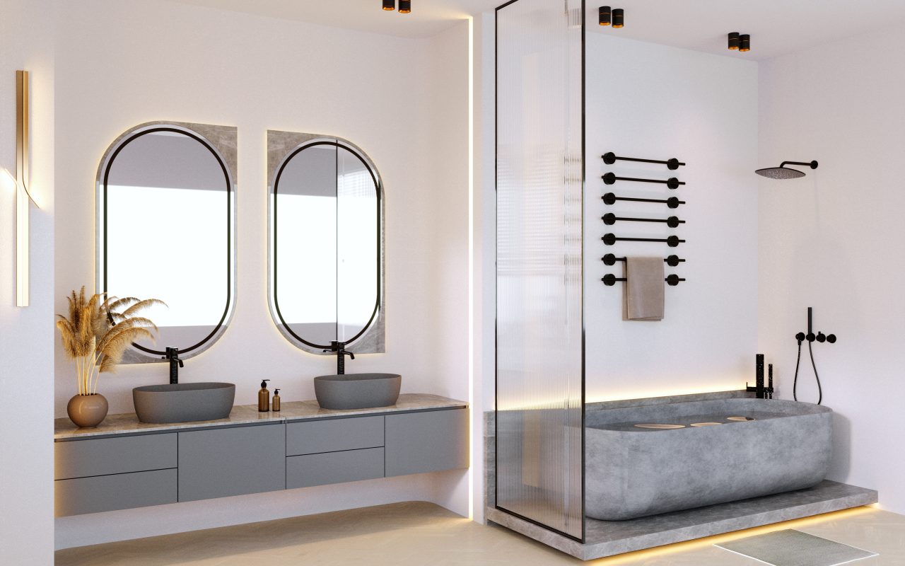 rockamen luxury hotel bathroom two washbasins gray stone bathtub sinks bathroom kupaonica mramor kada umivaonici siva