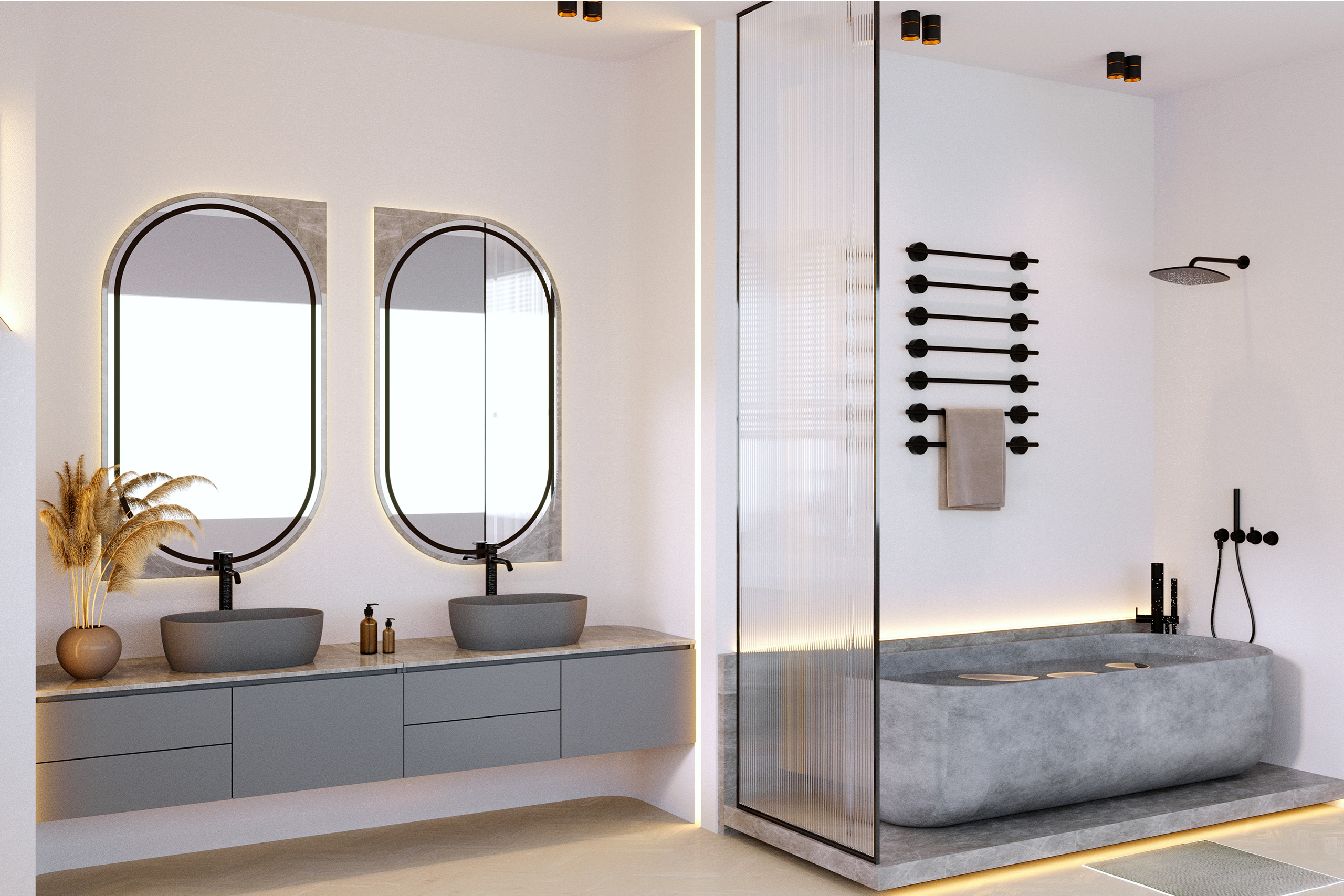 3d rendering3d illustration interior scene mockupluxury hotel bathroom with two washbasins gray stone bathtub zone