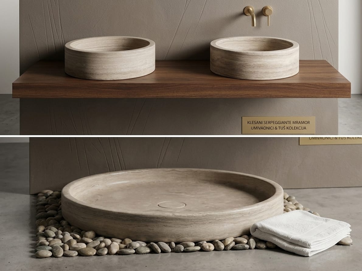 Komplet za luksuznu kupaonicu Umivaonici i tuš klesani od mramora u izlogu za prodaju 1 Komplet za luksuznu kupaonicu Umivaonici i tuš klesani od mramora u izlogu za prodaju 1