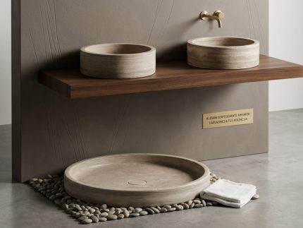 Komplet za luksuznu kupaonicu Umivaonici i tuš klesani od mramora u izlogu za prodaju