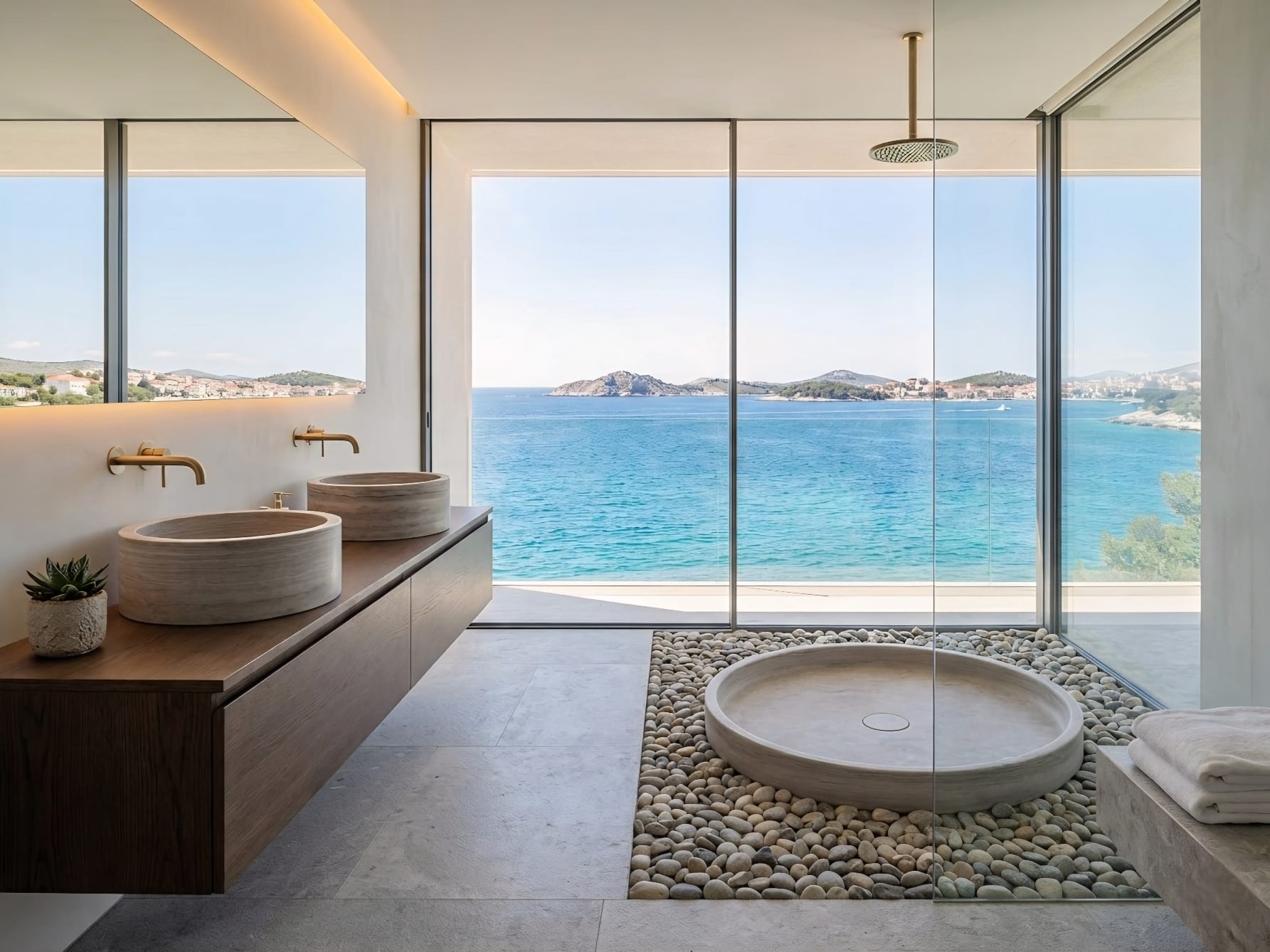 Komplet za luksuznu kupaonicu Umivaonici i tuš klesani od mramora u modernoj kupaonici s pogledom na Jadran Komplet za luksuznu kupaonicu Umivaonici i tuš klesani od mramora u modernoj kupaonici s pogledom na Jadran